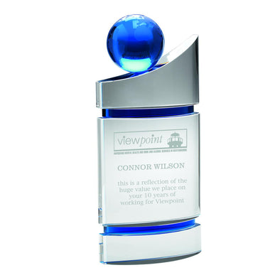 Clear/Blue Domed Glass Award - Plaque With Blue Globe - 12in