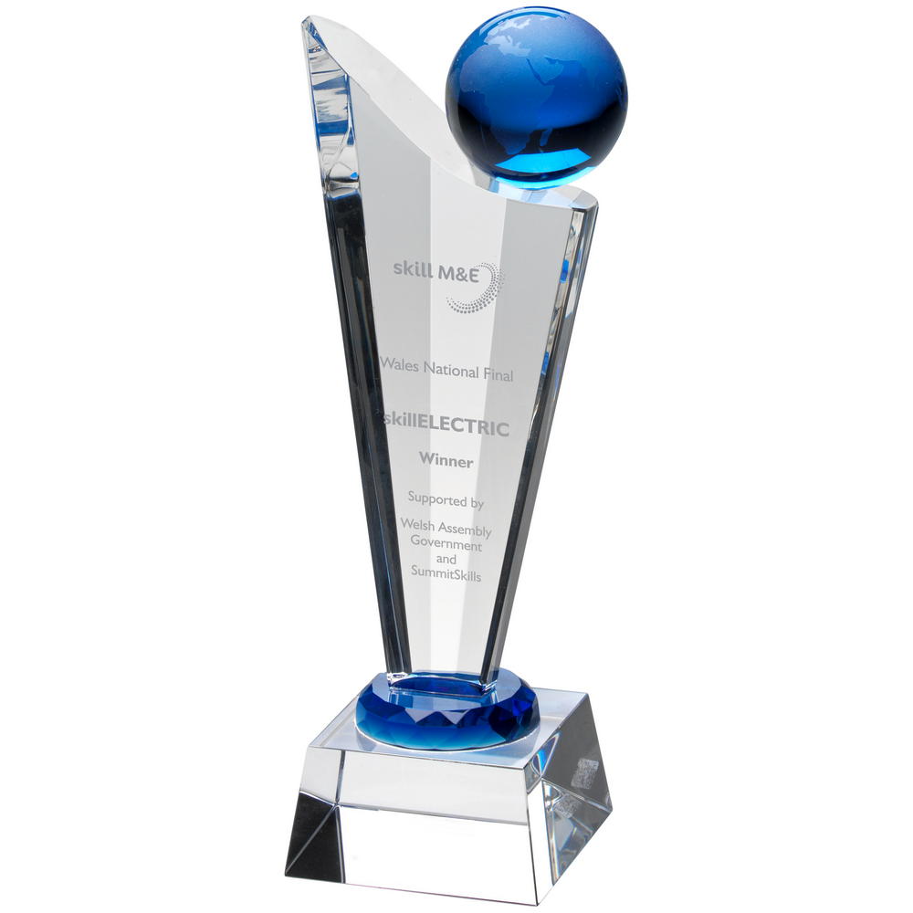 Clear/Blue Glass Award - Victory Plaque With Blue Globe
