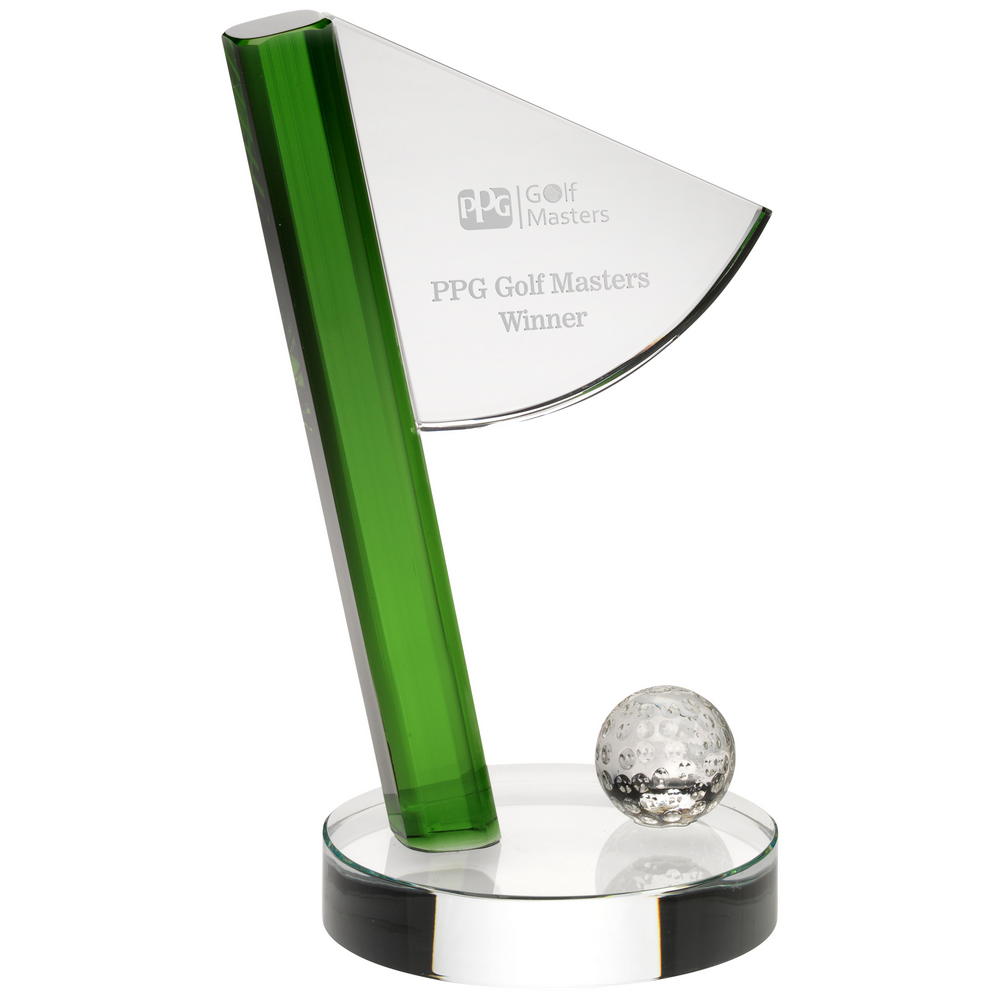Clear/Green Glass Award - Golf Flag And Ball Award