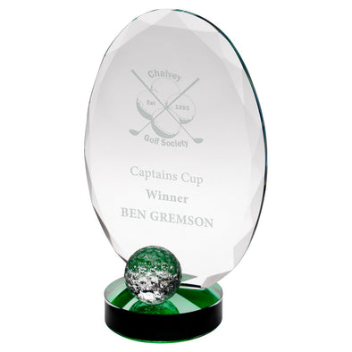 Engraved Clear Glass Award - Oval And Golf Ball With Green Highlights (10mm Thick) - 7.25in