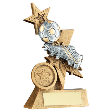 Bronze/Silver/Gold Football And Boot Trophy On Shooting Star