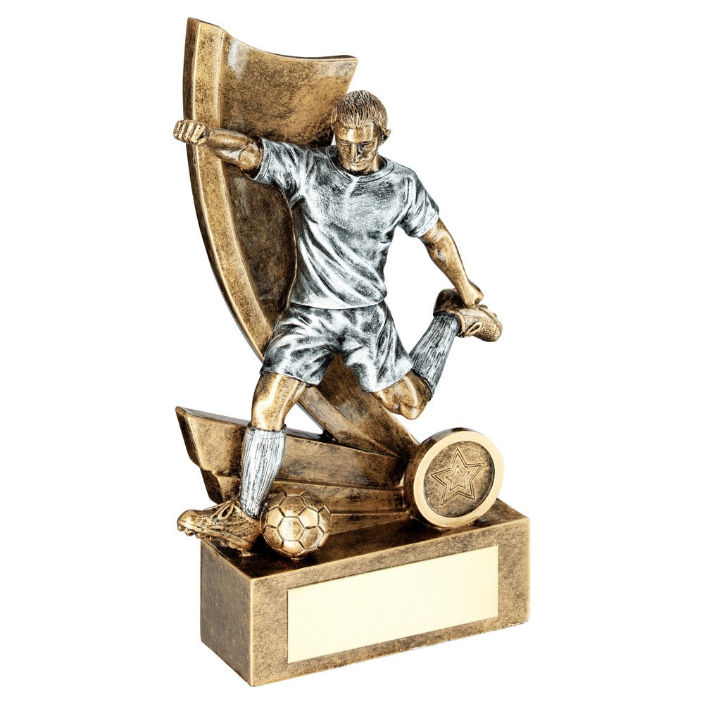 Male Football Figure Trophy on Swoosh Backdrop