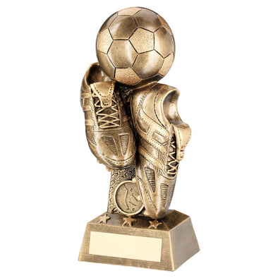 Bronze/Gold Football And Boots On Column Riser Trophy (1in Centre) - 8.75in