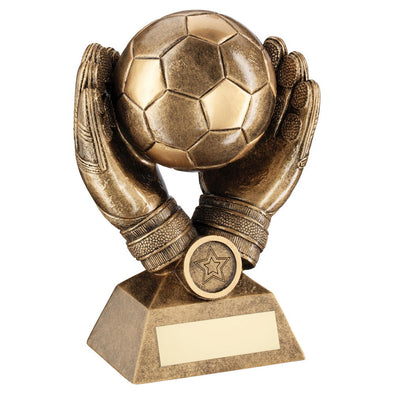 Bronze/Gold Football In Goalkeeper Gloves Trophy (1in Centre) - 7.25in