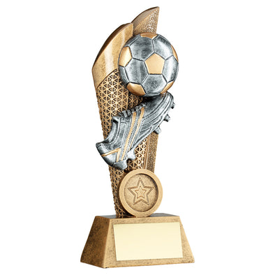 Bronze/Silver/Gold Football And Boot Trophy On Mesh Backdrop