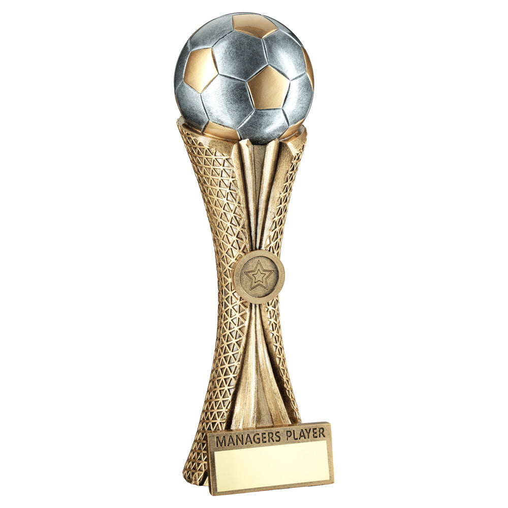 Bronze/Pewter/Gold Football On Tri-Mesh Column Trophy - Managers Player
