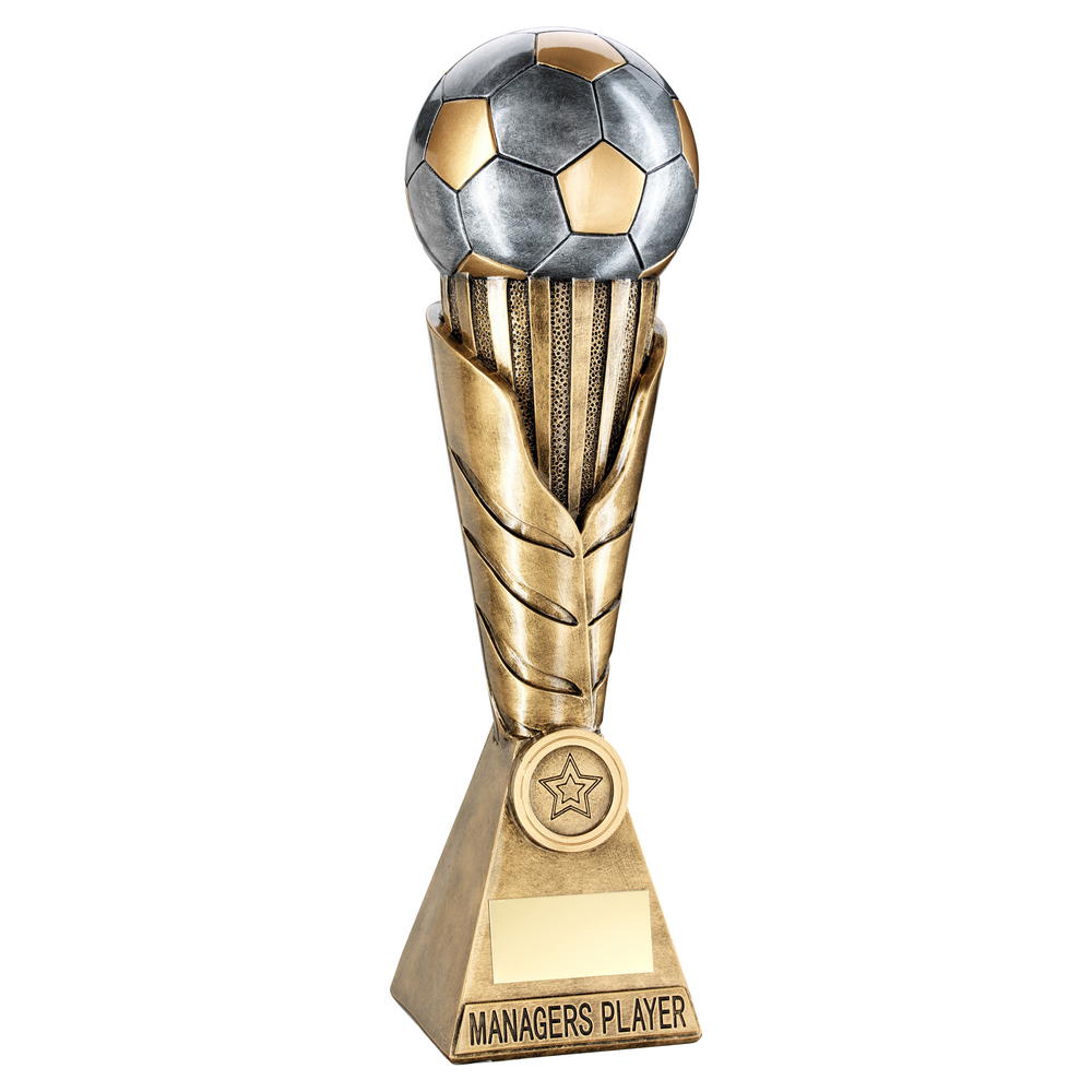 Bronze/Pewter/Gold Football On Leaf Burst Column Trophy (1in Centre) - Managers Player