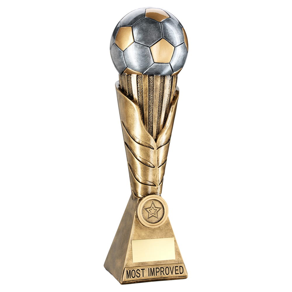 Bronze/Pewter/Gold Football On Leaf Burst Column Trophy (1in Centre) - Most Improved