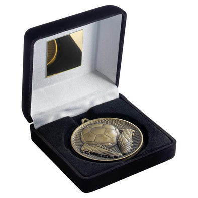 Black Velvet Box And 60mm Medal Football Trophy - Antique Gold - 4in