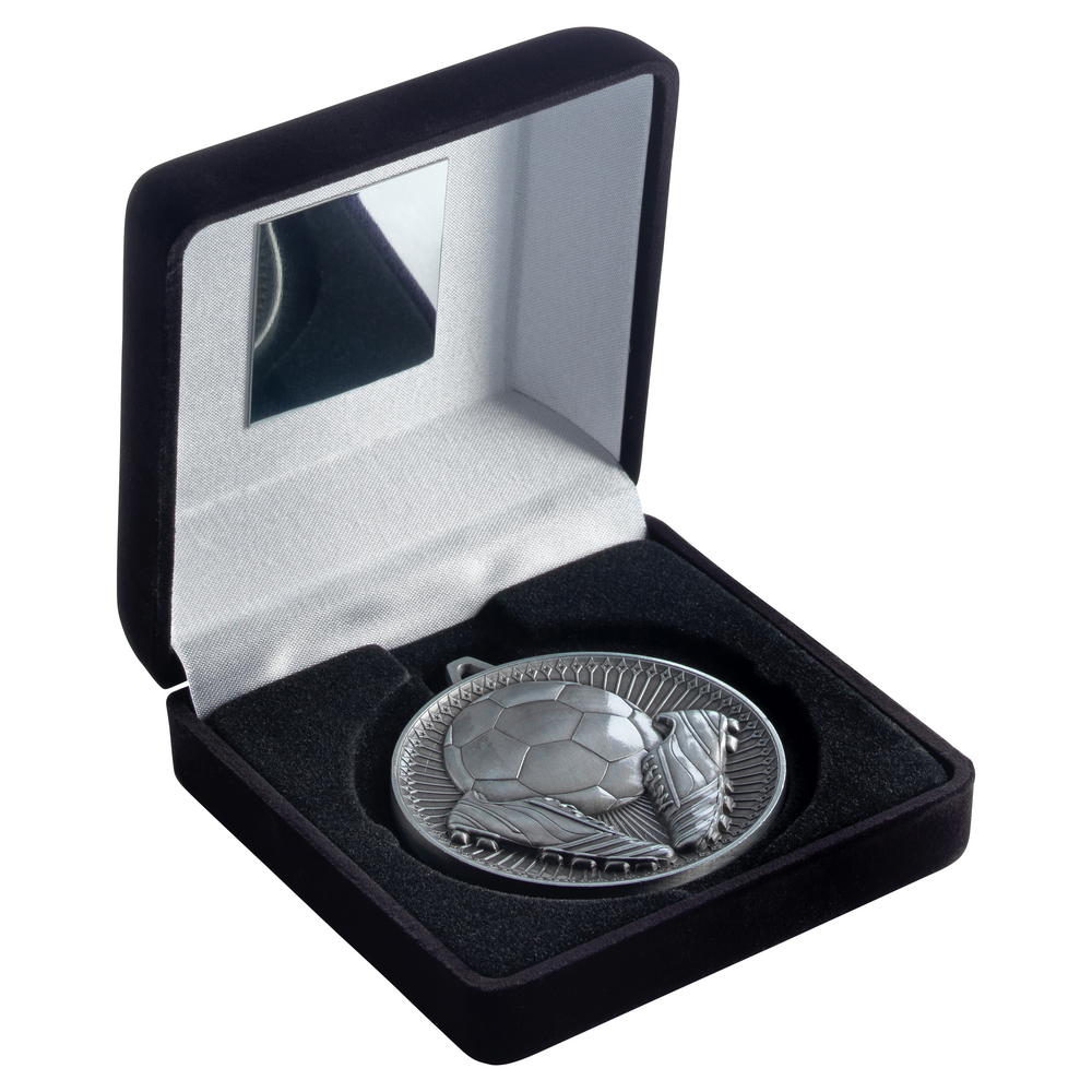 Black Velvet Box And 60mm Medal Football Trophy - Antique Silver - 4in