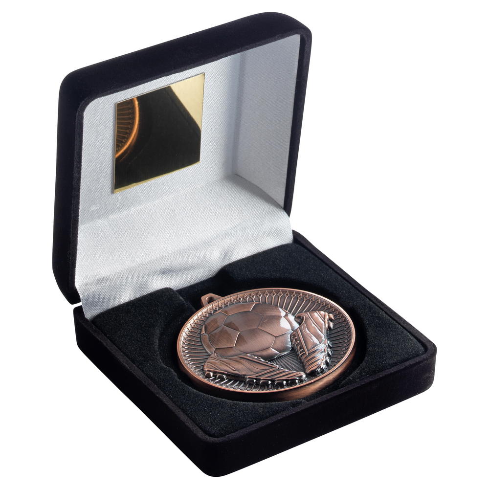 Black Velvet Box And 60mm Medal Football Trophy - Bronze - 4in