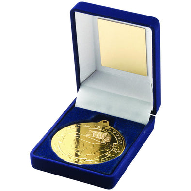Blue Velvet Box And 50mm Medal Football Trophy - Gold 3.5in