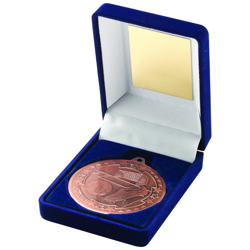 Blue Velvet Box And 50mm Medal Football Trophy - Bronze 3.5in