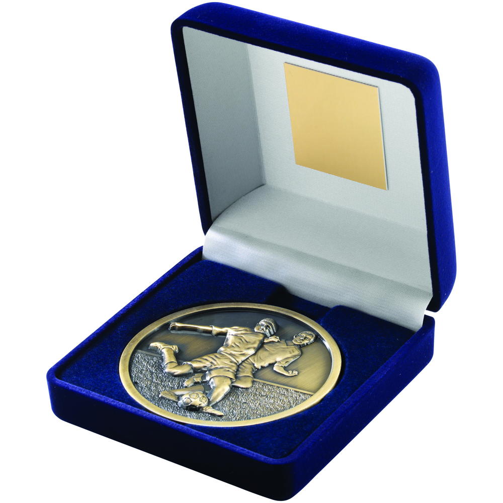 Blue Velvet Box And 70mm Medallion Football Trophy - Antique Gold 4in