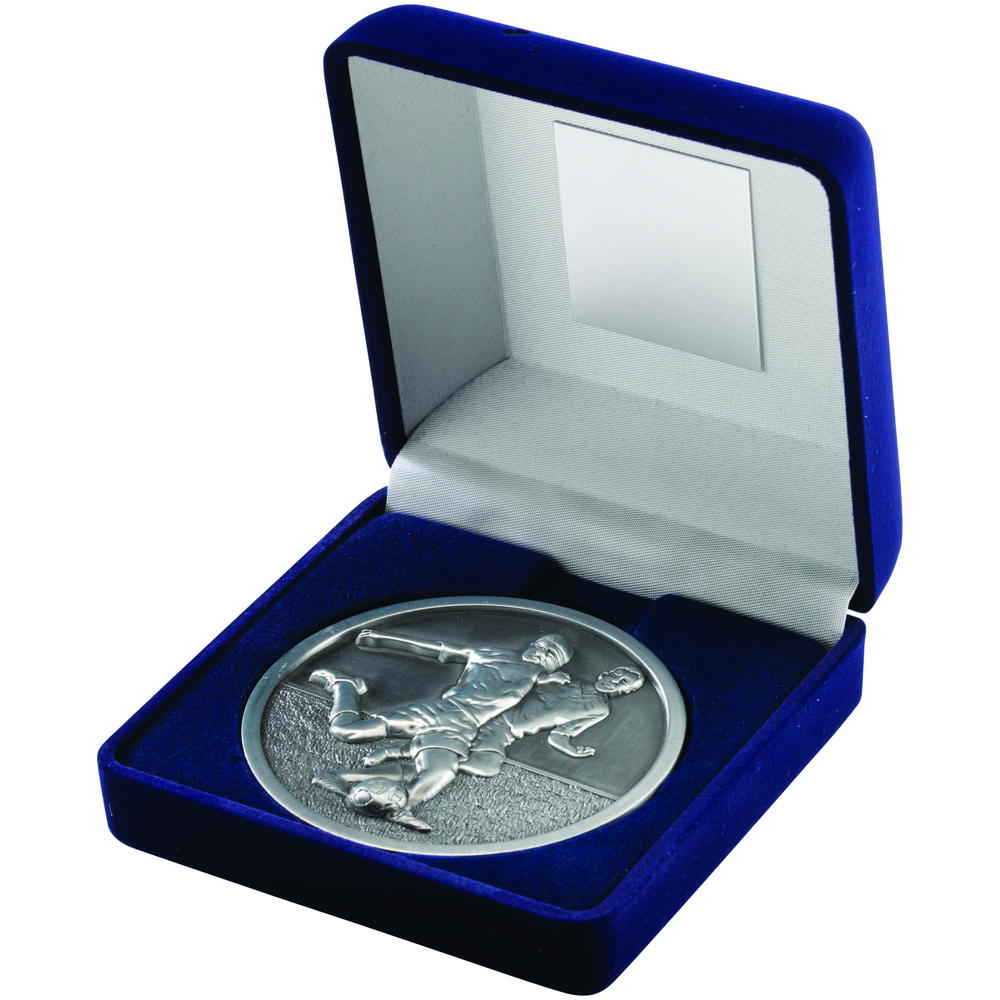 Blue Velvet Box And 70mm Medallion Football Trophy - Antique Silver 4in