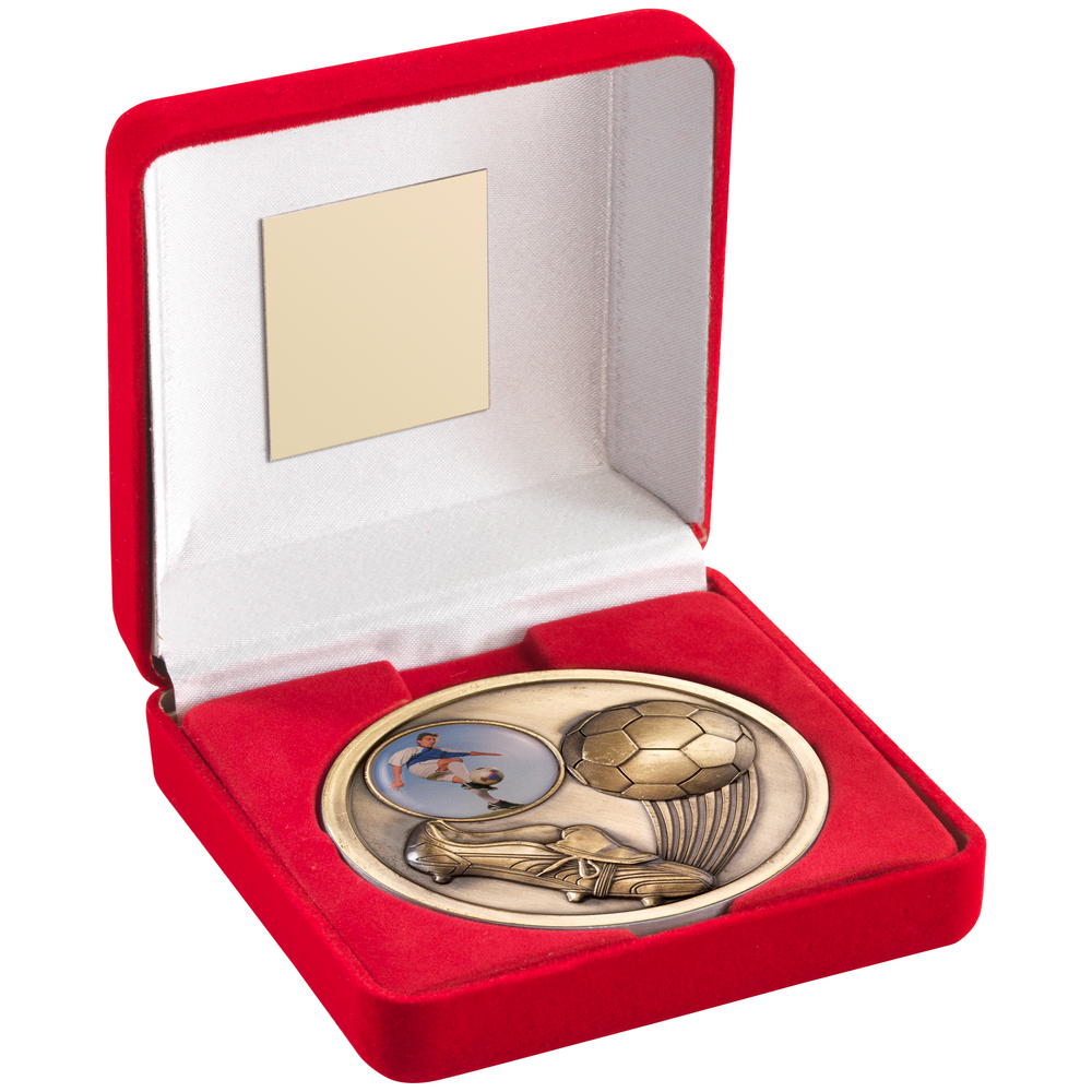 Red Velvet Box And 70mm Medallion Football Trophy - Antique Gold (1in Centre) 4"