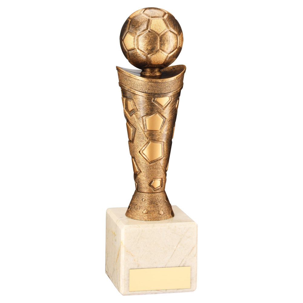 Bronze/Gold Plastic Football Ball Figure On Cream Marble Trophy