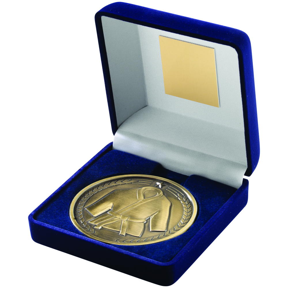 Blue Velvet Box And 70mm Medallion Martial Arts Trophy - Antique Gold 4in