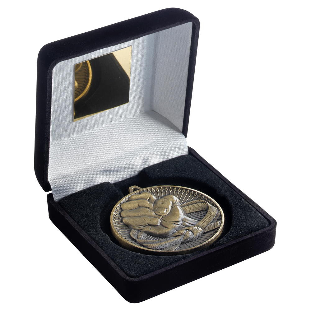 Black Velvet Box And 60mm Medal Martial Arts Trophy - Antique Gold - 4in