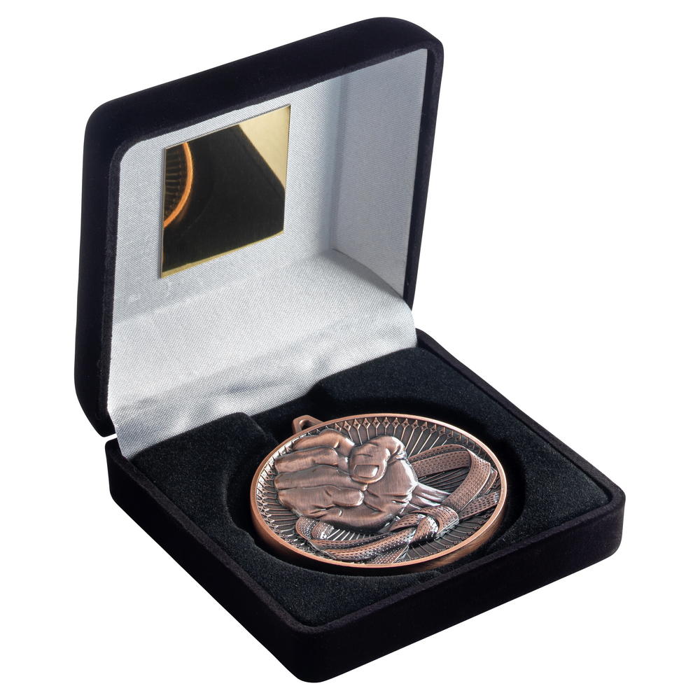 Black Velvet Box And 60mm Medal Martial Arts Trophy - Bronze - 4in