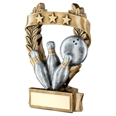 Bronze/Pewter/Gold Ten Pin 3 Star Wreath Award Trophy - 7.5in