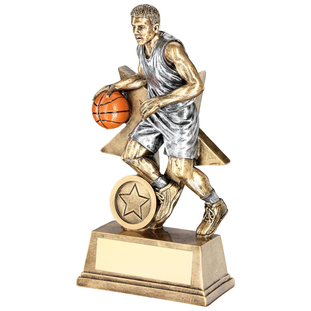 Bronze/Pewter/Orange Male Basketball Figure With Star Backing Trophy (1in Cen) - 7in