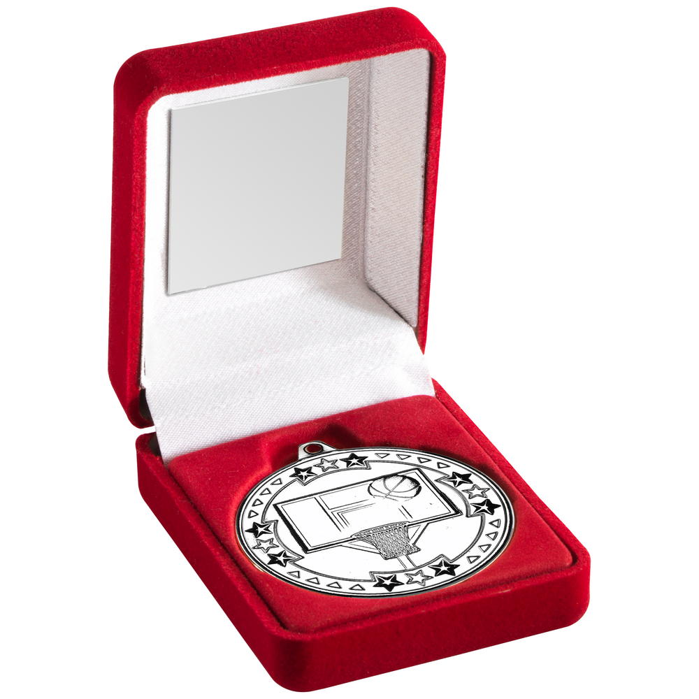 Red Velvet Box And 50mm Medal Basketball Trophy - Silver 3.5in
