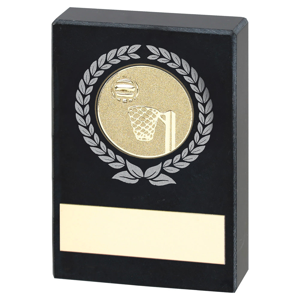 Black Marble Block Trophy With Silver/Gold Wreath, Netball Insert