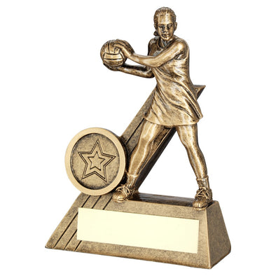 Bronze/Gold Female Netball Mini Figure Trophy With Plate - 4in