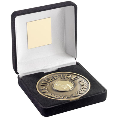 Black Velvet Box And 70mm Umpire Medallion With Netball Insert - Ant Gold - 4in