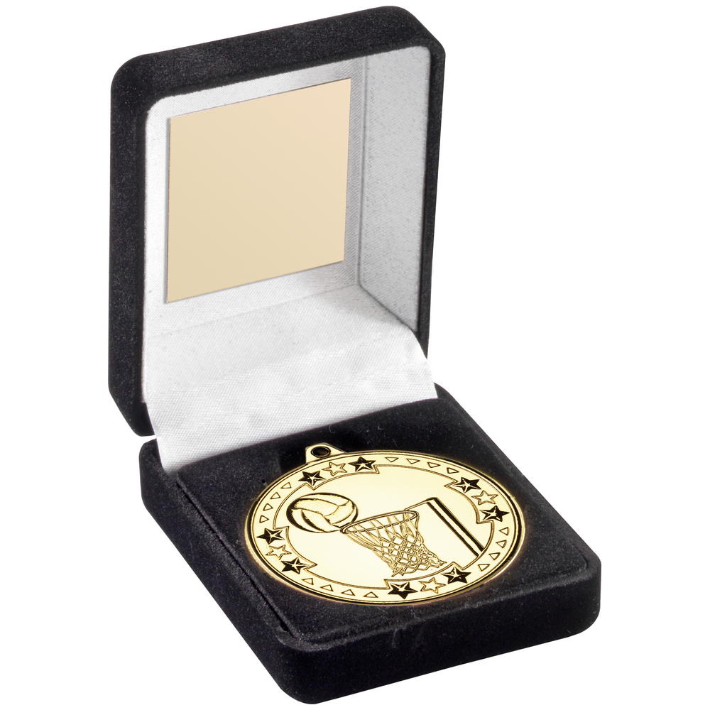 Black Velvet Medal Box And 50mm Medal Netball Trophy - Gold - 3.5in