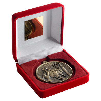 Red Velvet Box And 60mm Medal Netball Trophy - Antique Gold - 4in