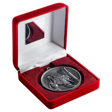 Red Velvet Box And 60mm Medal Netball Trophy - Antique Silver - 4in