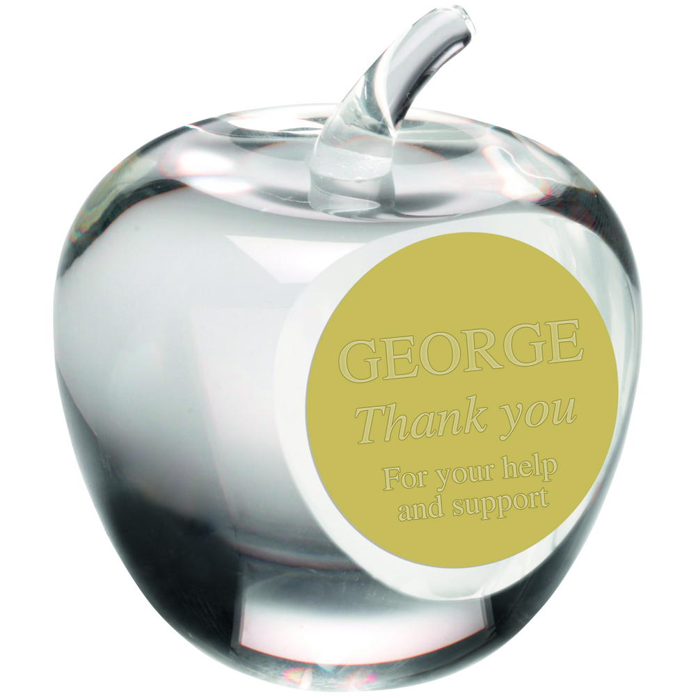 Clear Glass 'Apple' Paperweight Trophy - 3.5in (With Engraved Gold Plaque)