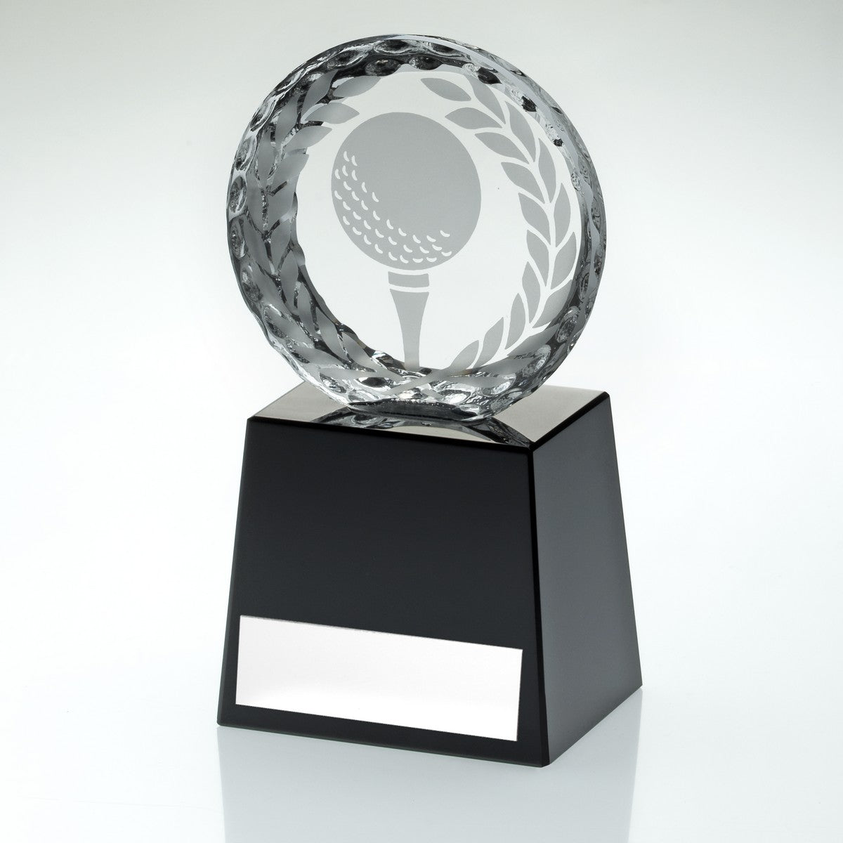 Clear Glass Golf Award - Engraved Plaque on Black Plinth