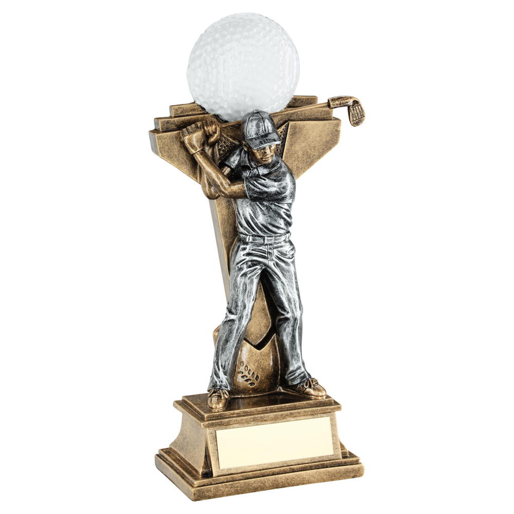 Male Golf Figure Trophy with Ball on Backdrop