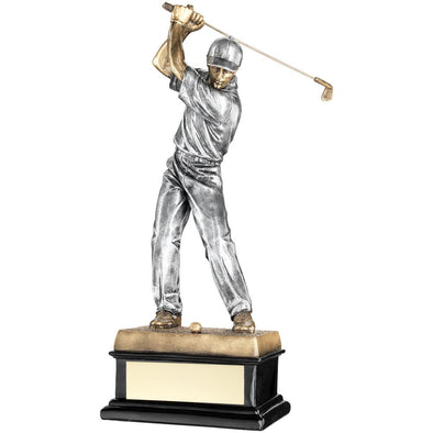 Bronze/Pewter 'back Swing' Golfer On Black Base Trophy - 14in