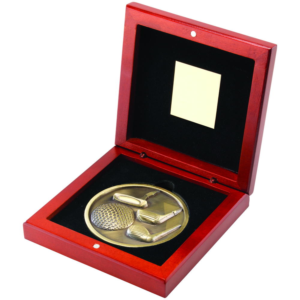 Rosewood Box And 70mm Medallion Golf Trophy - Antique Gold 4.5in