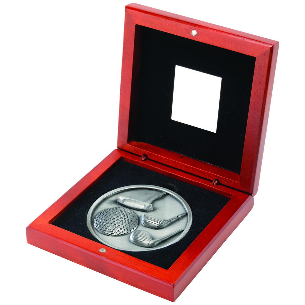 Rosewood Box And 70mm Medallion Golf Trophy - Antique Silver 4.5in
