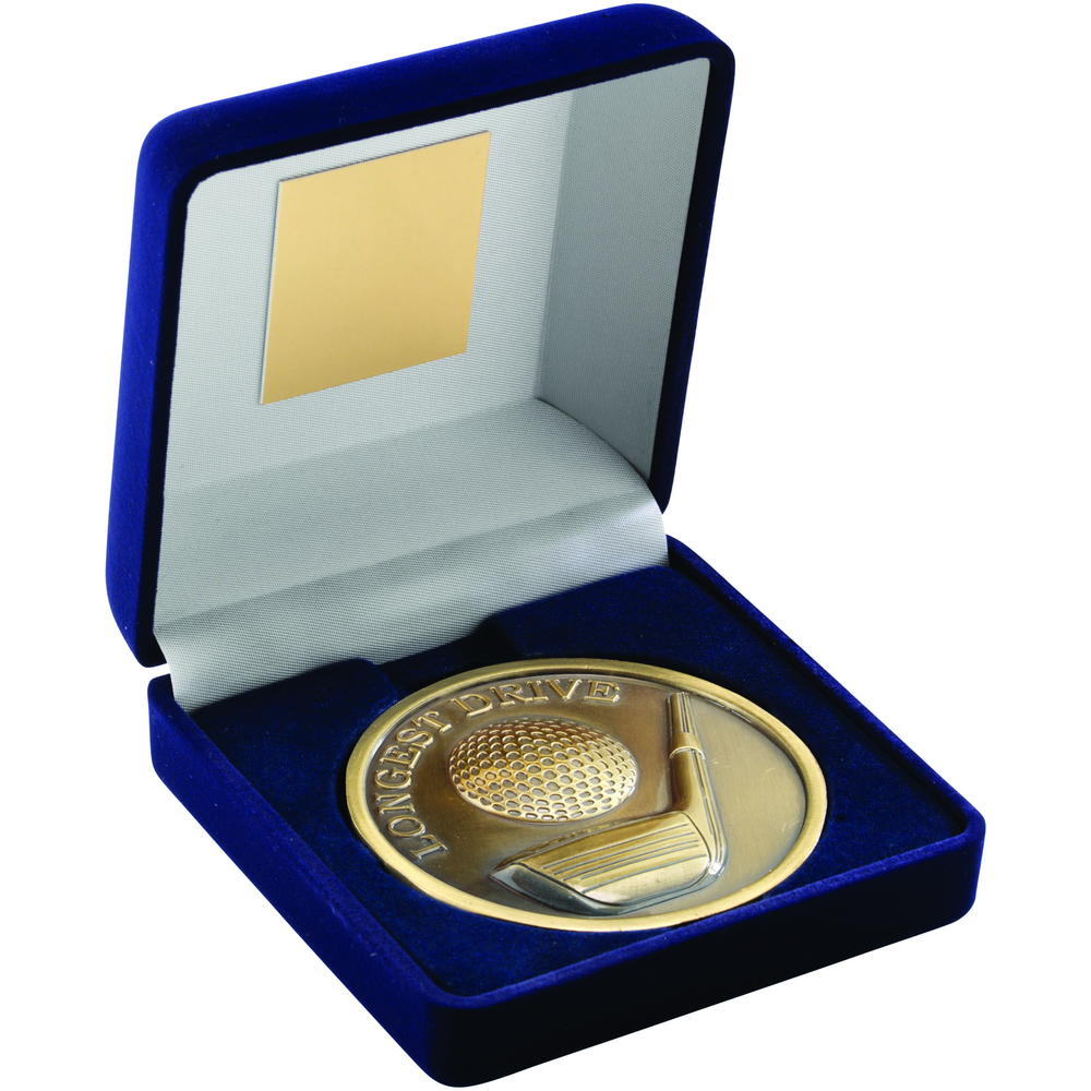 Blue Velvet Box And 70mm Medallion Golf Trophy - Antique Gold Longest Drive 4