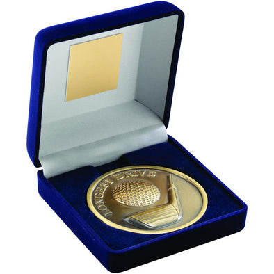 Blue Velvet Box And 70mm Medallion Golf Trophy - Antique Gold Longest Drive 4"