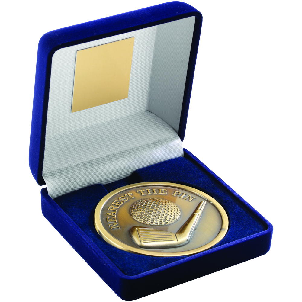 Blue Velvet Box And 70mm Medallion Golf Trophy - Antique Gold Nearest The Pin 4"