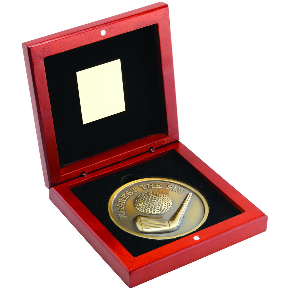 Rosewood Box And 70mm Medallion Golf Trophy - Antique Gold Nearest The Pin 4.5in