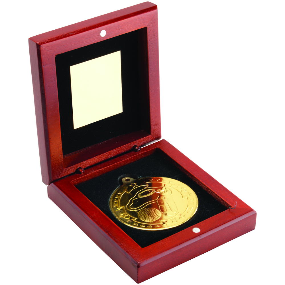 Rosewood Box And 50mm Medal Golf Trophy - Gold 3.75in
