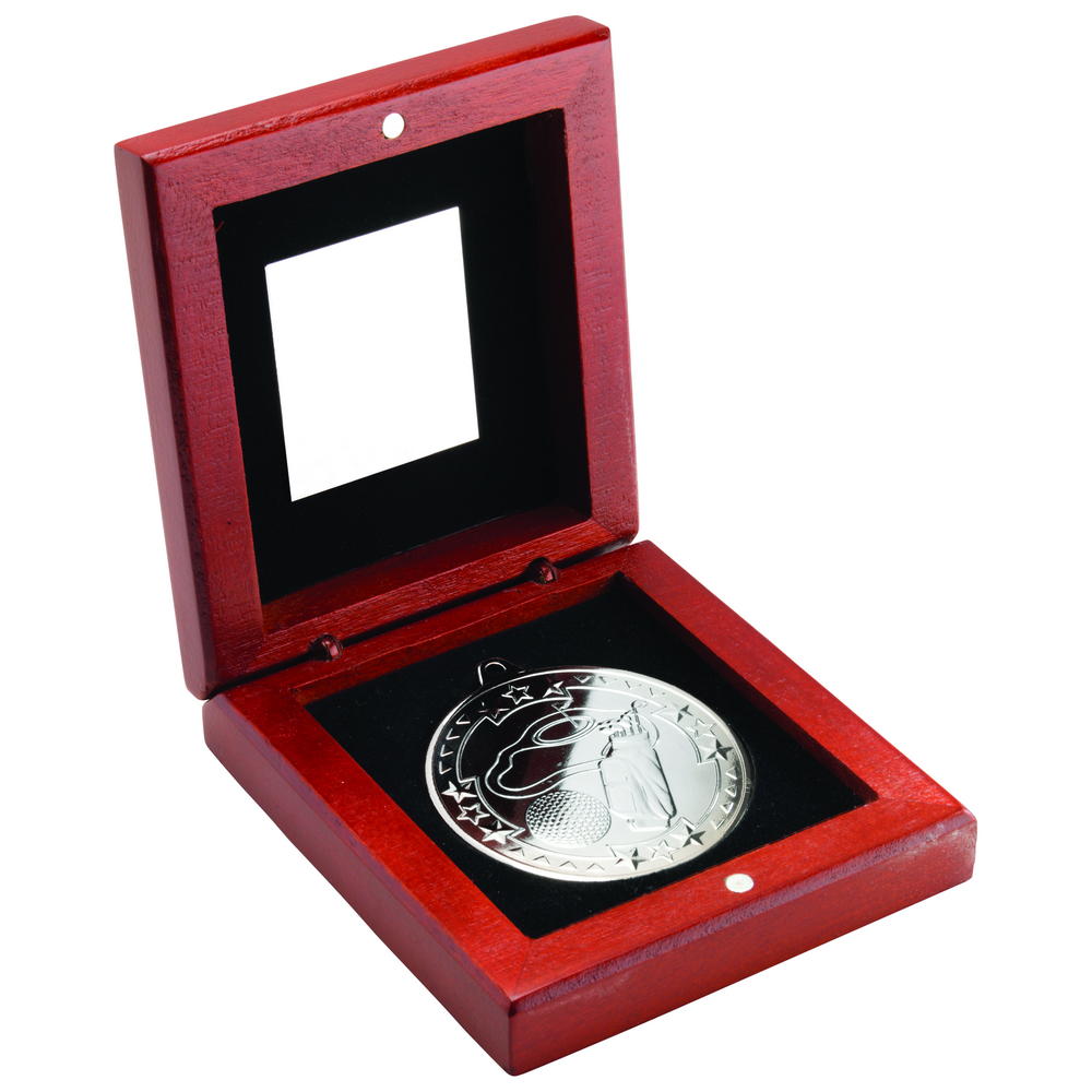 Rosewood Box And 50mm Medal Golf Trophy - Silver 3.75in