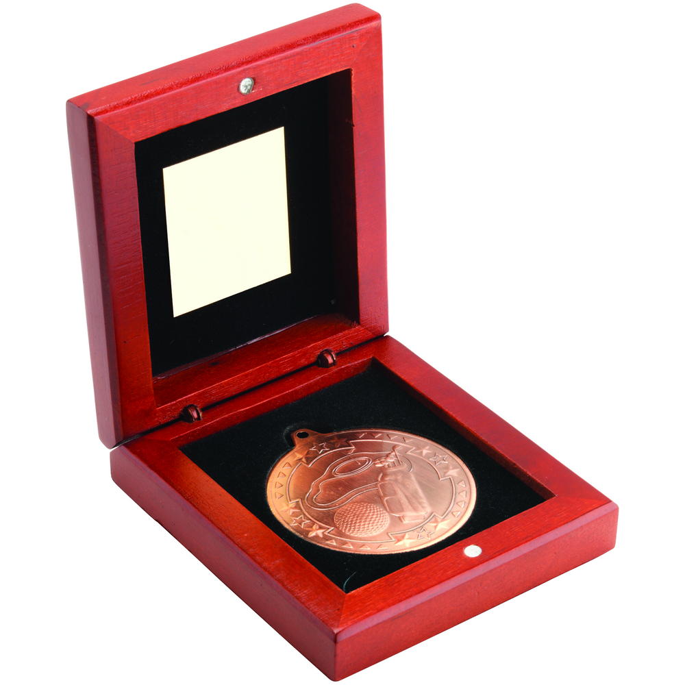 Rosewood Box And 50mm Medal Golf Trophy - Bronze 3.75in