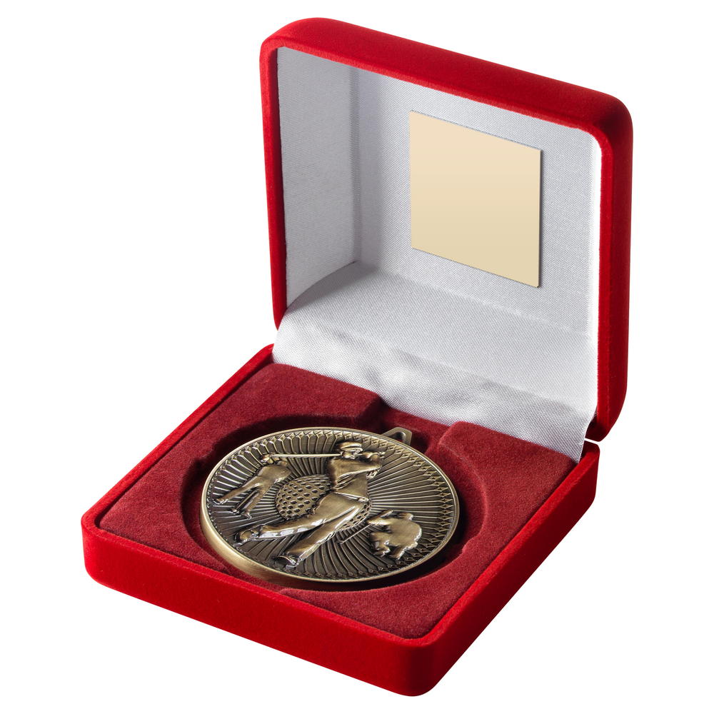 Red Velvet Box And 60mm Medal Golf Trophy - Antique Gold - 4in