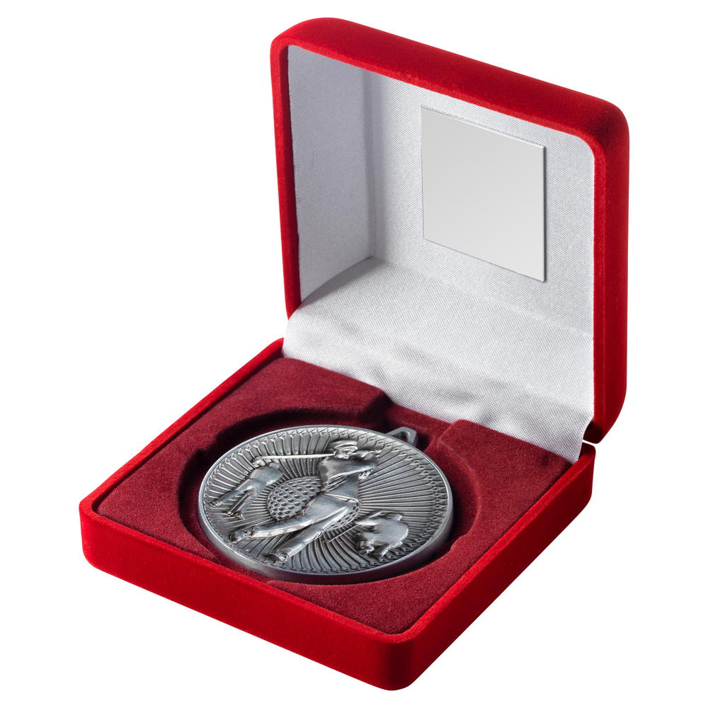 Red Velvet Box And 60mm Medal Golf Trophy - Antique Silver - 4in