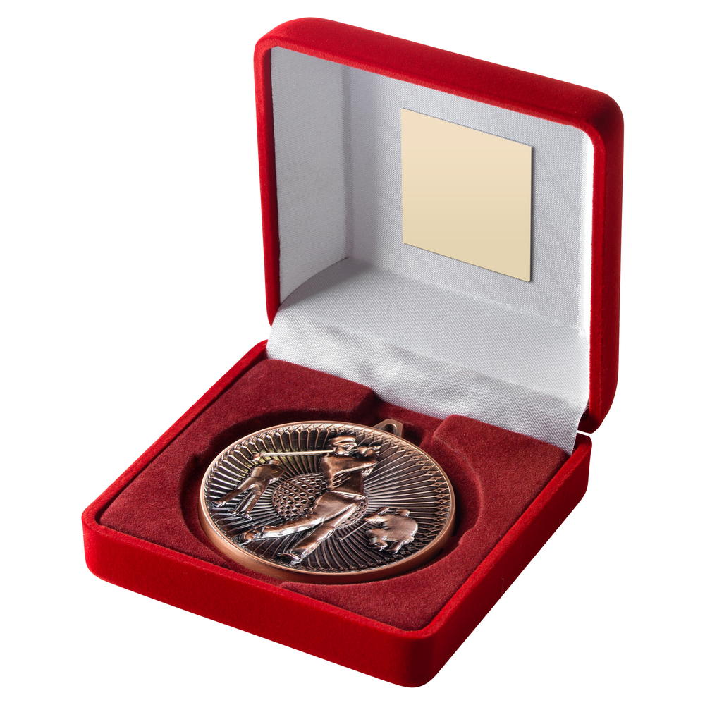 Red Velvet Box And 60mm Medal Golf Trophy - Bronze - 4in