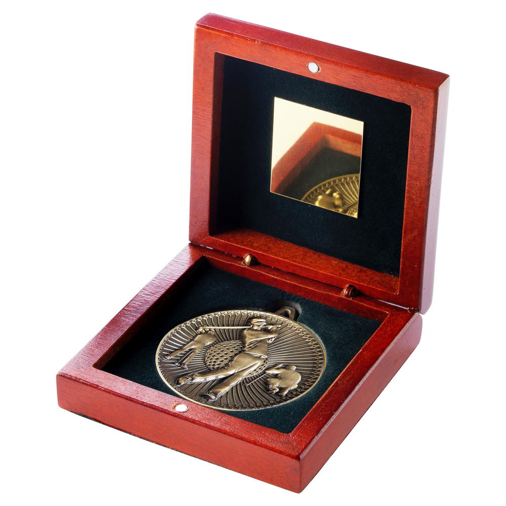 Rosewood Box And 60mm Medal Golf Trophy - Antique Gold - 4.25in